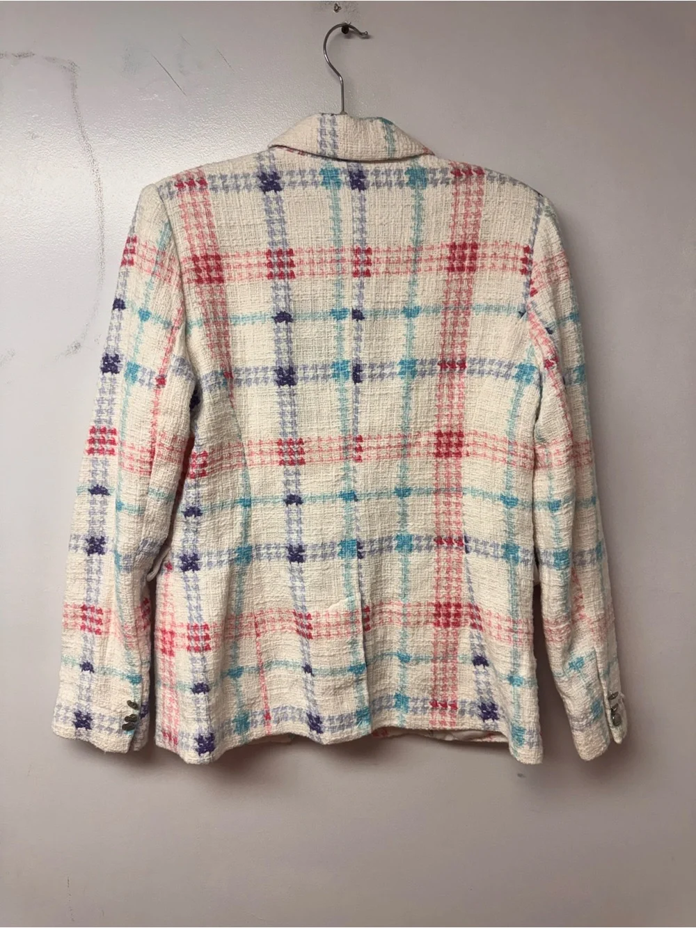 Maison d’Amelie Paris Blazer L Pastel Plaid Tweed Double Breasted Preppy Chic E